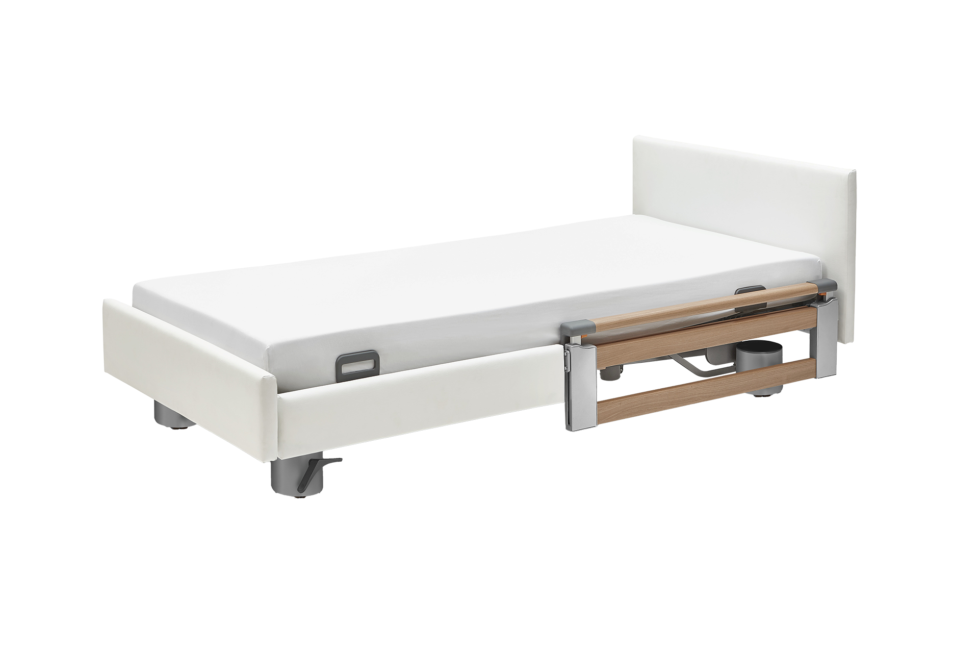 Split safety sides at head end, telescopic (TSG 110 cm) and fabric/faux leather side panels