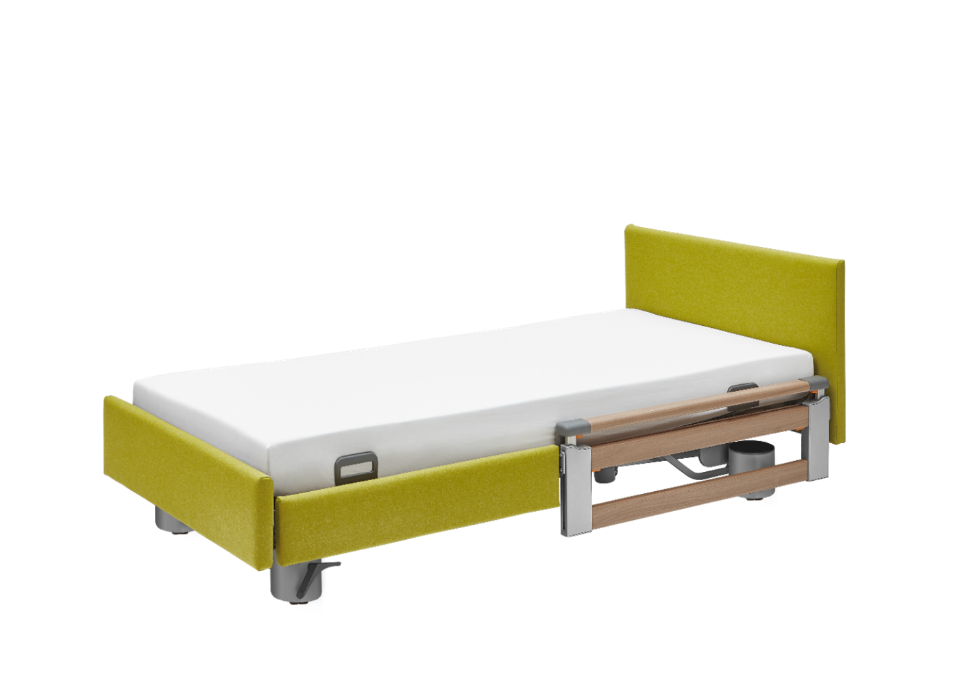 Split safety side at head end, telescopic (TSG 90 cm), and fabric/faux leather side panels